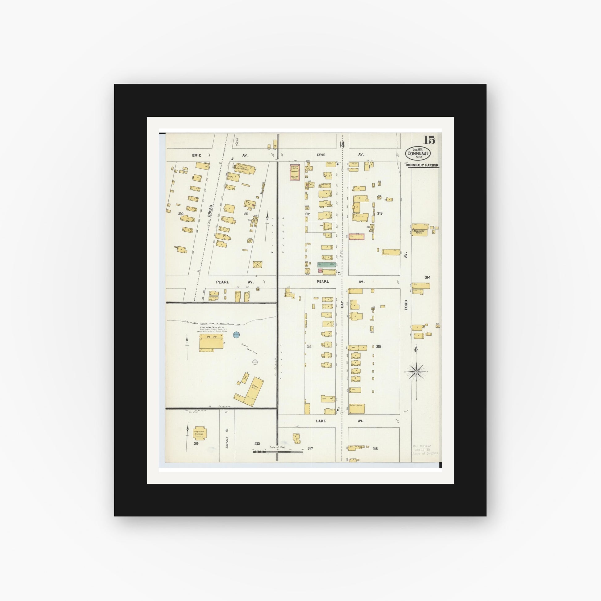 Old map wall art mockup — black gallery frame with white mat — Sanborn Fire Insurance Map from Conneaut, Ashtabula County, Ohio (1902), Sheet #0015