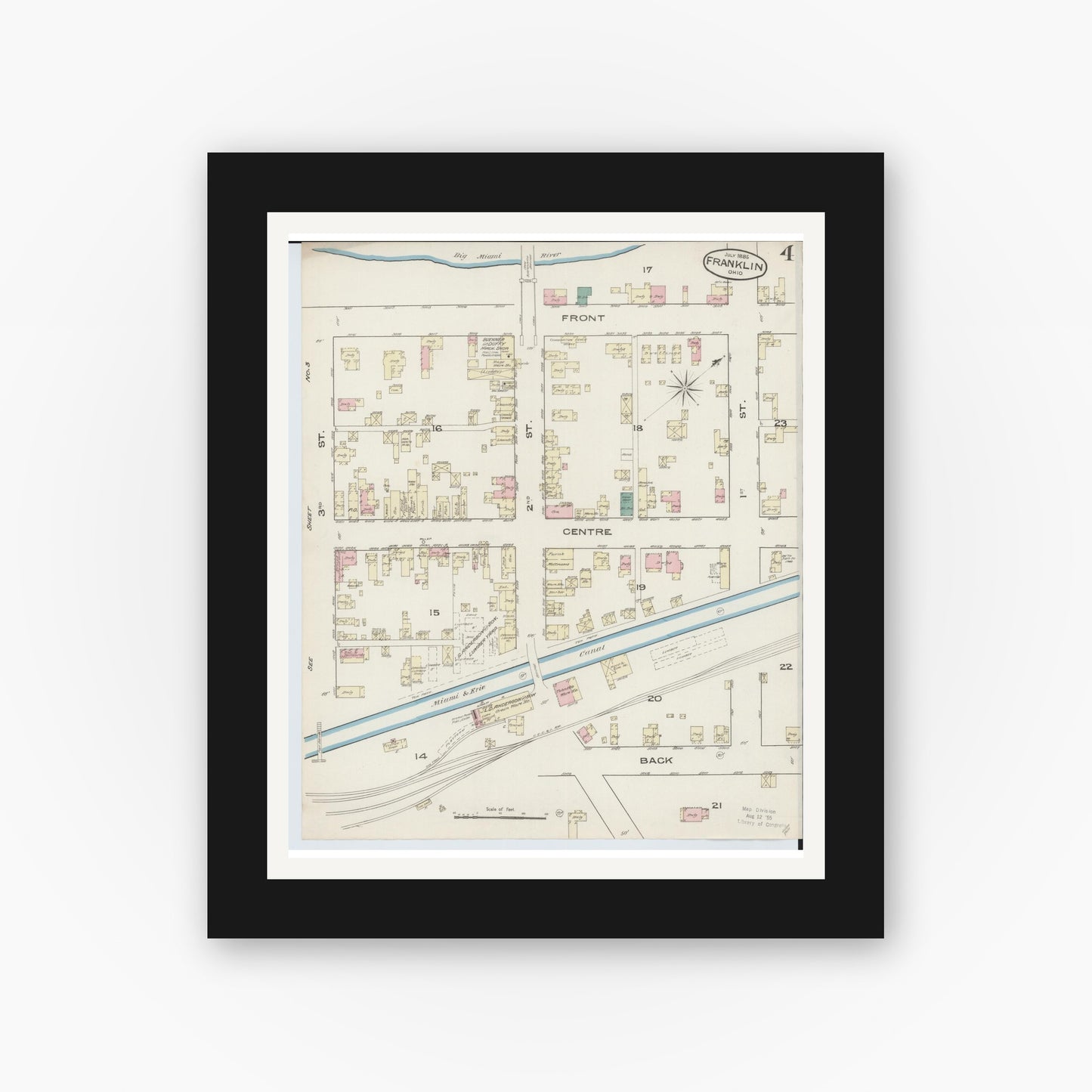 Old map wall art mockup — black gallery frame with white mat — Sanborn Fire Insurance Map from Franklin, Warren County, Ohio (1885), Sheet #0004
