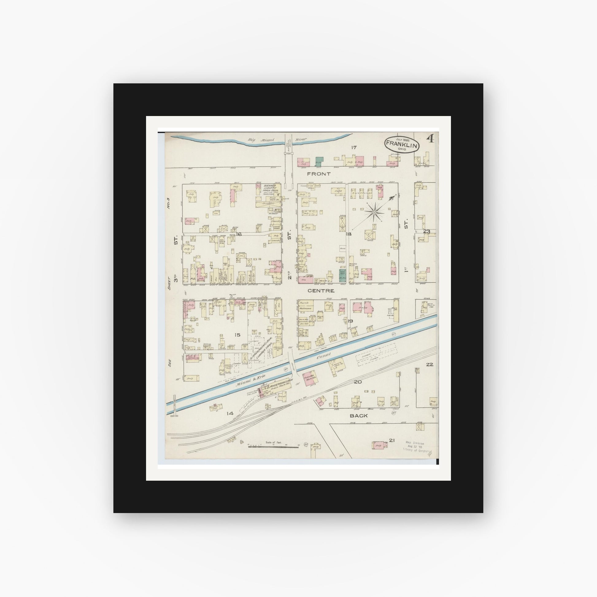 Old map wall art mockup — black gallery frame with white mat — Sanborn Fire Insurance Map from Franklin, Warren County, Ohio (1885), Sheet #0004