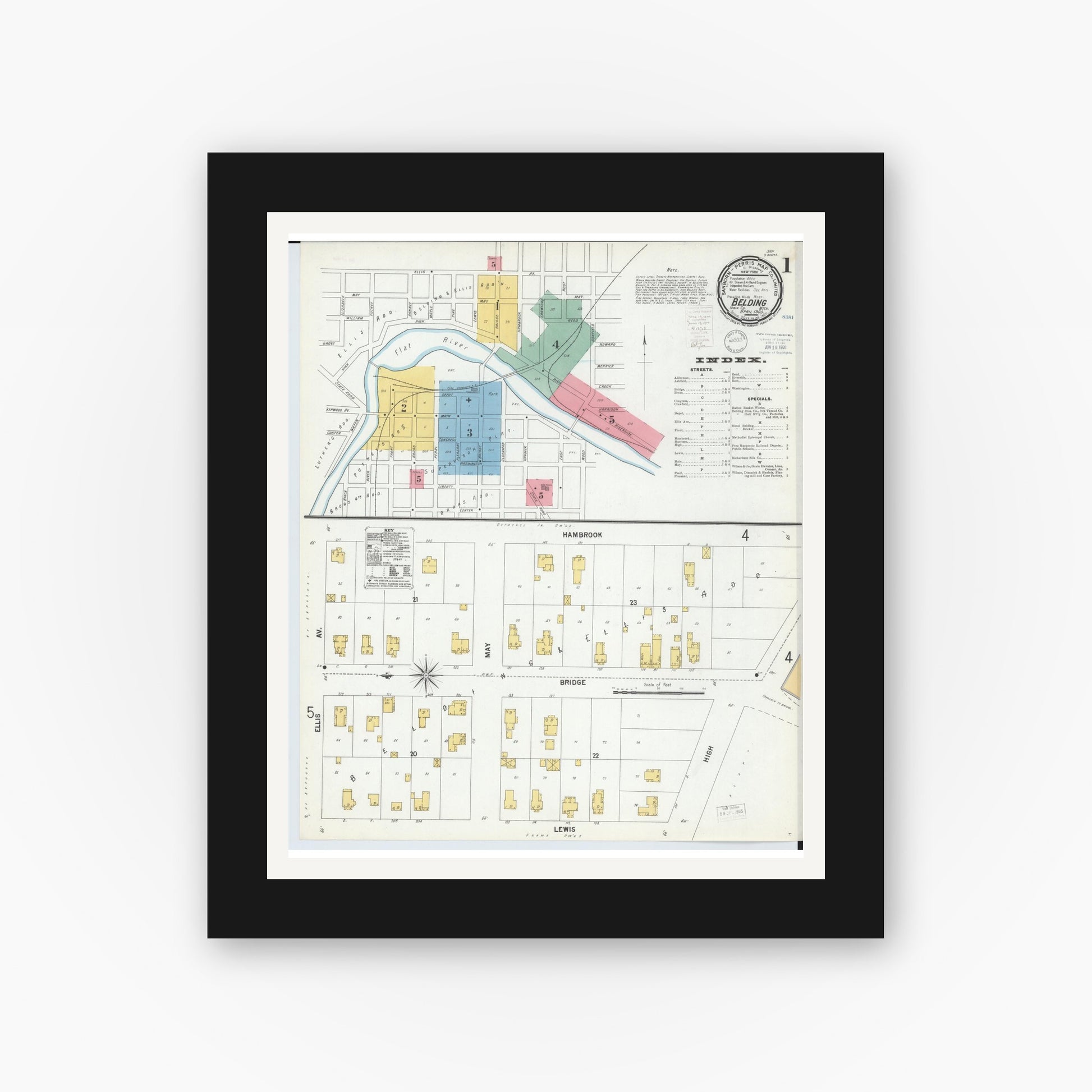 Old map wall art mockup — black gallery frame with white mat — Sanborn Fire Insurance Map from Belding, Ionia County, Michigan (1900) - Complete Map Set