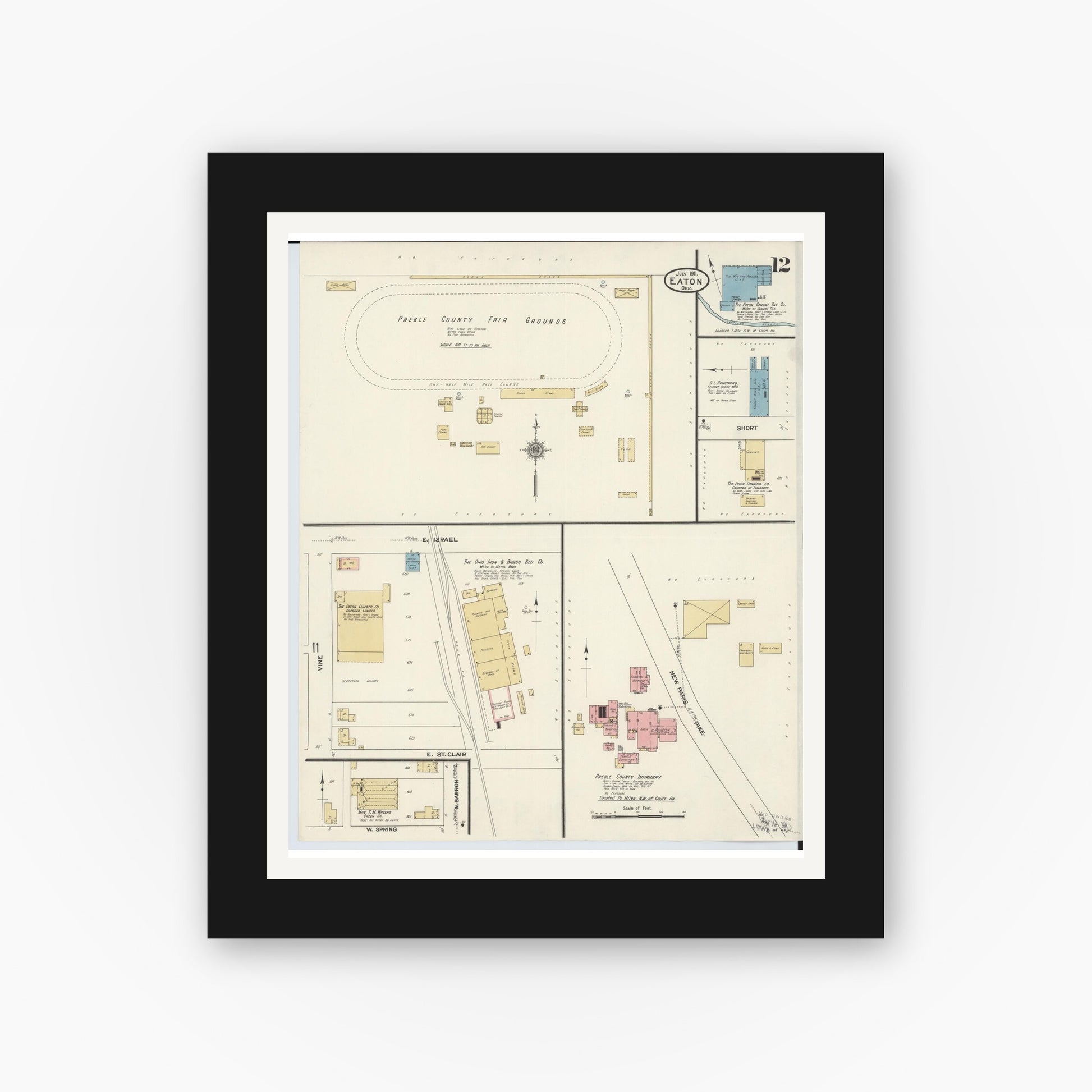 Old map wall art mockup — black gallery frame with white mat — Sanborn Fire Insurance Map from Eaton, Preble County, Ohio (1911), Sheet #0012