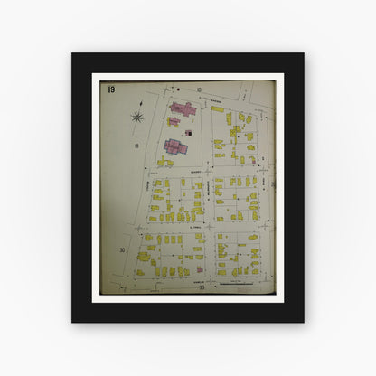 Old map wall art mockup — black gallery frame with white mat — Sanborn Fire Insurance Map from Jackson, Jackson County, Michigan (1907), Sheet #0019
