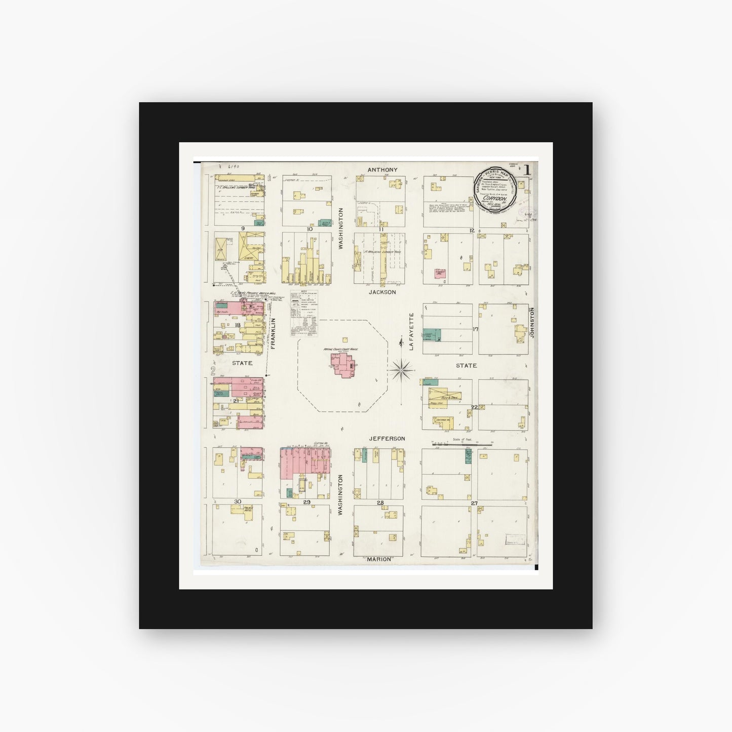 Old map wall art mockup — black gallery frame with white mat — Sanborn Fire Insurance Map from Corydon, Wayne County, Iowa (1893) â€” Complete Set