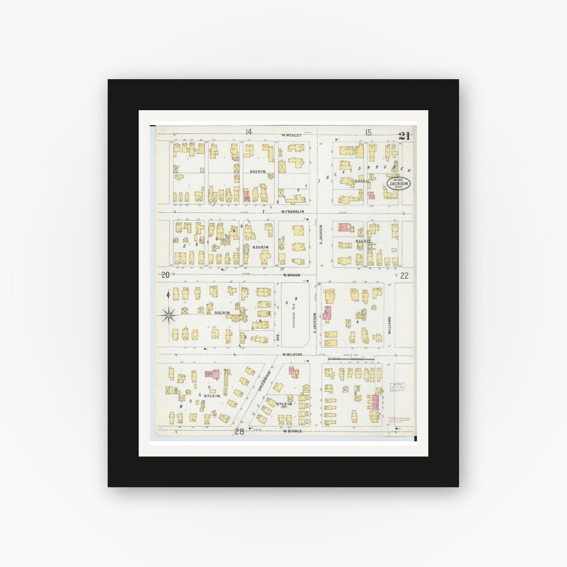 Old map wall art mockup — black gallery frame with white mat — Sanborn Fire Insurance Map from Jackson, Jackson County, Michigan (1899), Sheet #0021