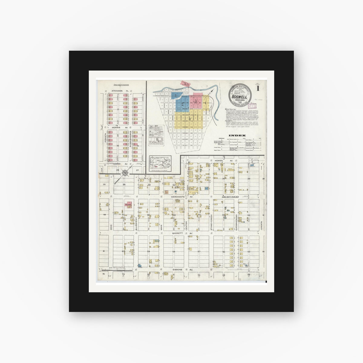 Old map wall art mockup — black gallery frame with white mat — Sanborn Fire Insurance Map from Boswell, Somerset County, Pennsylvania (1916) - Complete Map Set