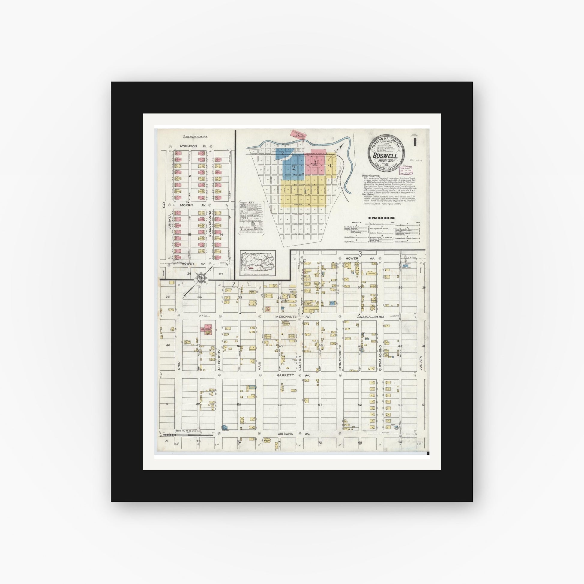 Old map wall art mockup — black gallery frame with white mat — Sanborn Fire Insurance Map from Boswell, Somerset County, Pennsylvania (1916) - Complete Map Set