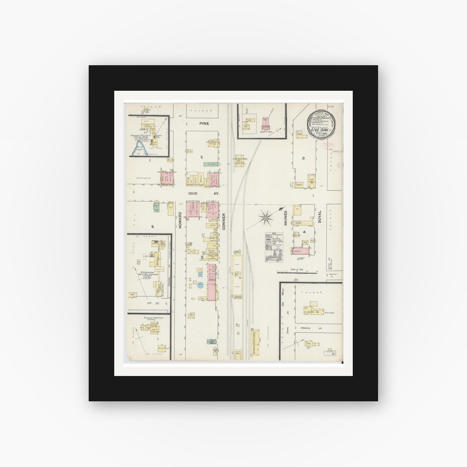 Old map wall art mockup — black gallery frame with white mat — Sanborn Fire Insurance Map from Live Oak, Suwanee County, Florida (1890), Sheet #0001