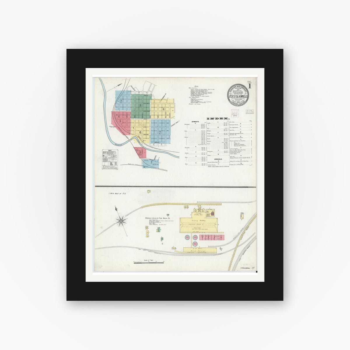 Old map wall art mockup — black gallery frame with white mat — Sanborn Fire Insurance Map from Osceola Mills, Clearfield County, Pennsylvania (1904) - Complete Map Set