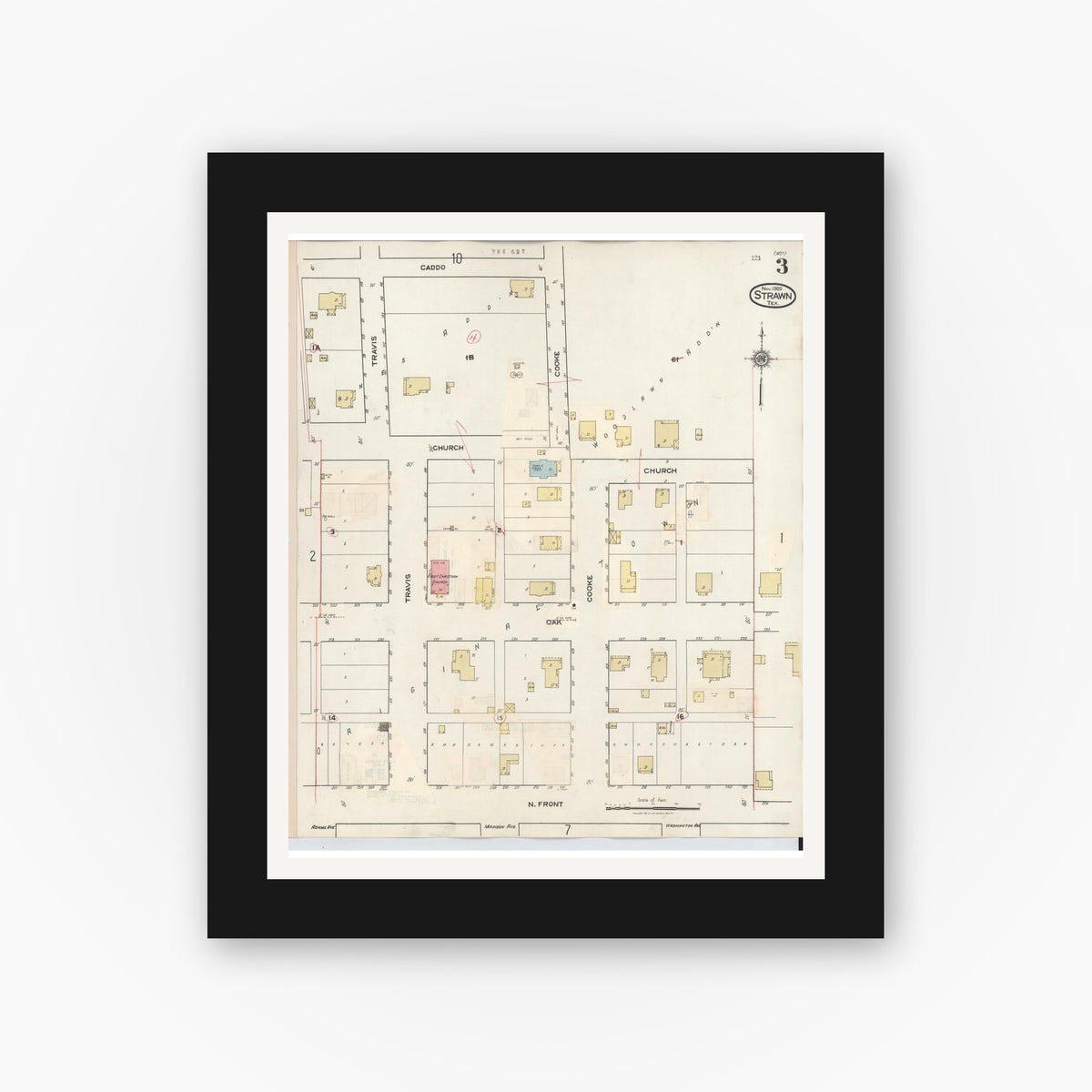 Old map wall art mockup — black gallery frame with white mat — Sanborn Fire Insurance Map from Strawn, Palo Pinto County, Texas (1944), Sheet #0003