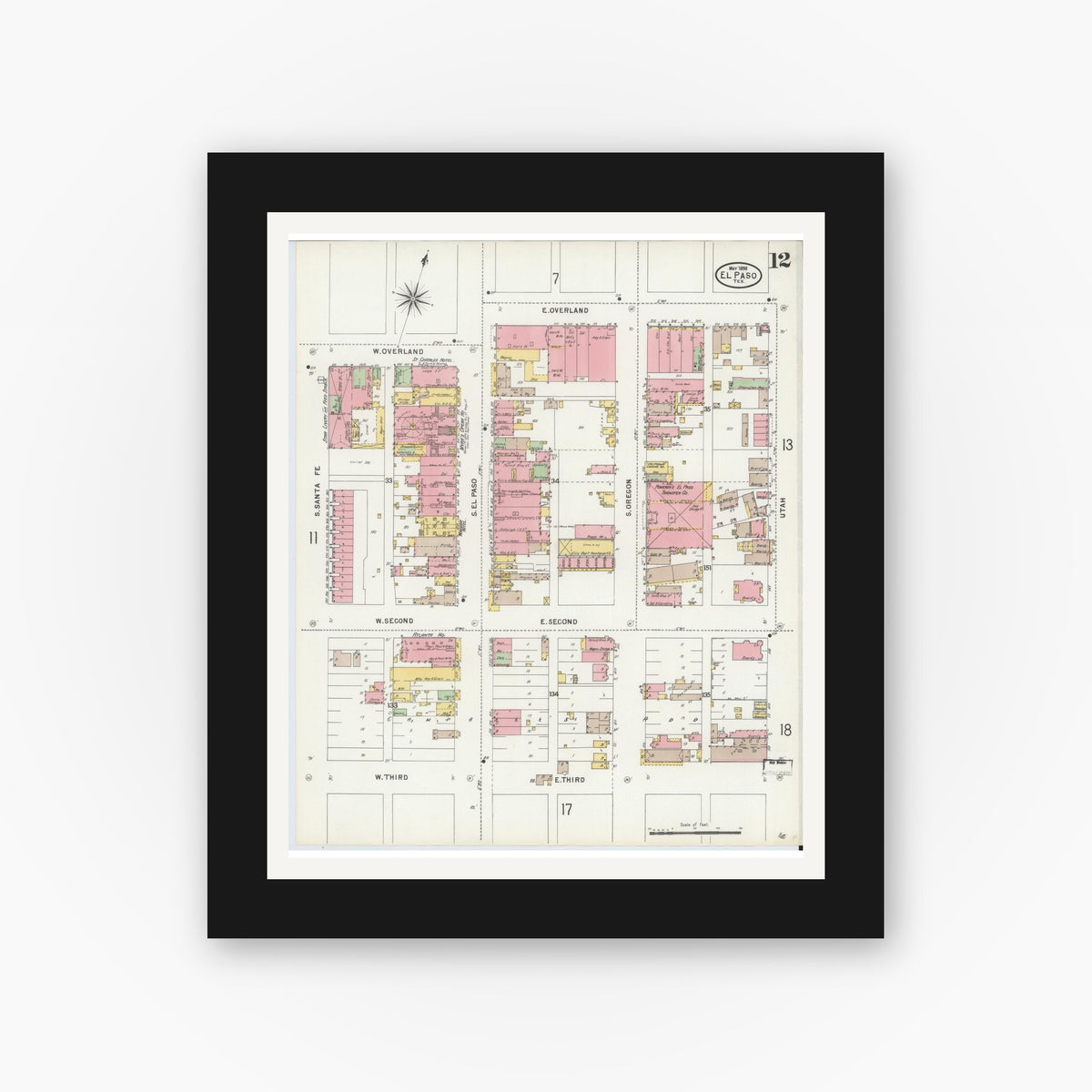 Old map wall art mockup — black gallery frame with white mat — Sanborn Fire Insurance Map from El Paso, El Paso County, Texas (1898), Sheet #0012