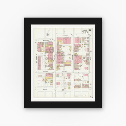 Old map wall art mockup — black gallery frame with white mat — Sanborn Fire Insurance Map from El Paso, El Paso County, Texas (1898), Sheet #0012