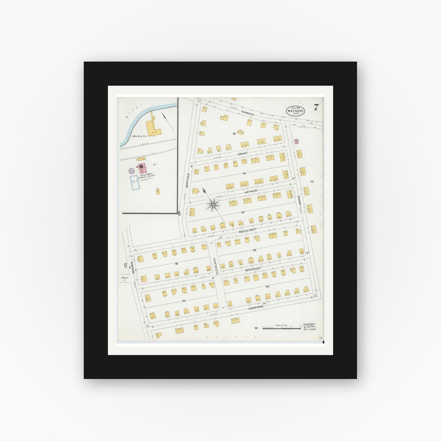 Old map wall art mockup — black gallery frame with white mat — Sanborn Fire Insurance Map from Maynard, Middlesex County, Massachusetts (1904), Sheet #0007