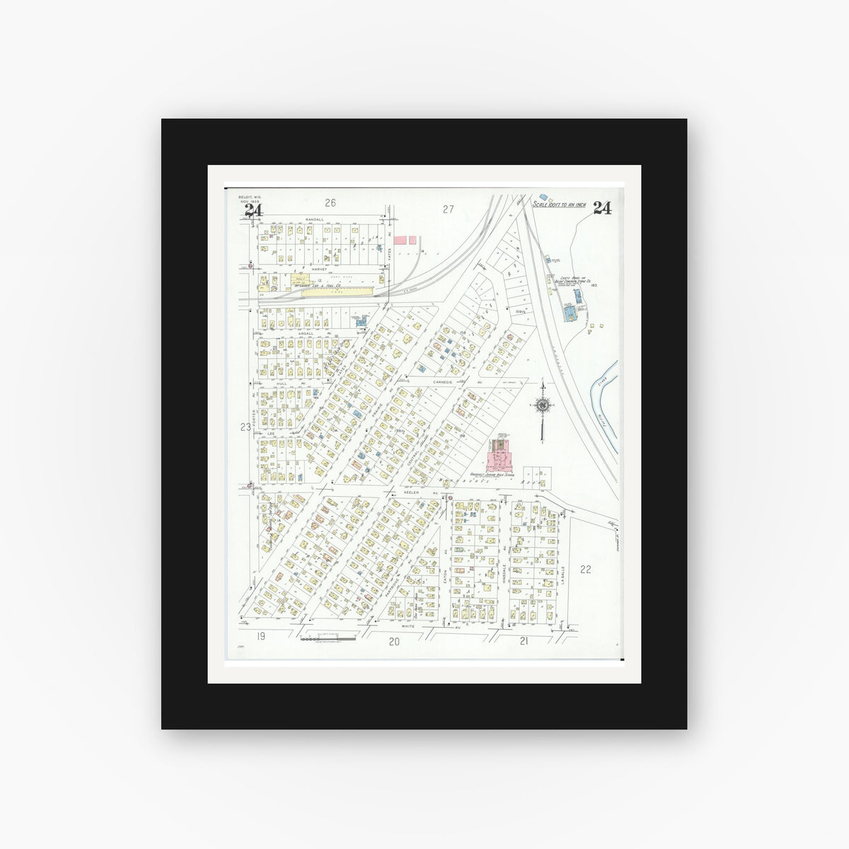Old map wall art mockup — black gallery frame with white mat — Sanborn Fire Insurance Map from Beloit, Rock County, Wisconsin (1939), Sheet #0024