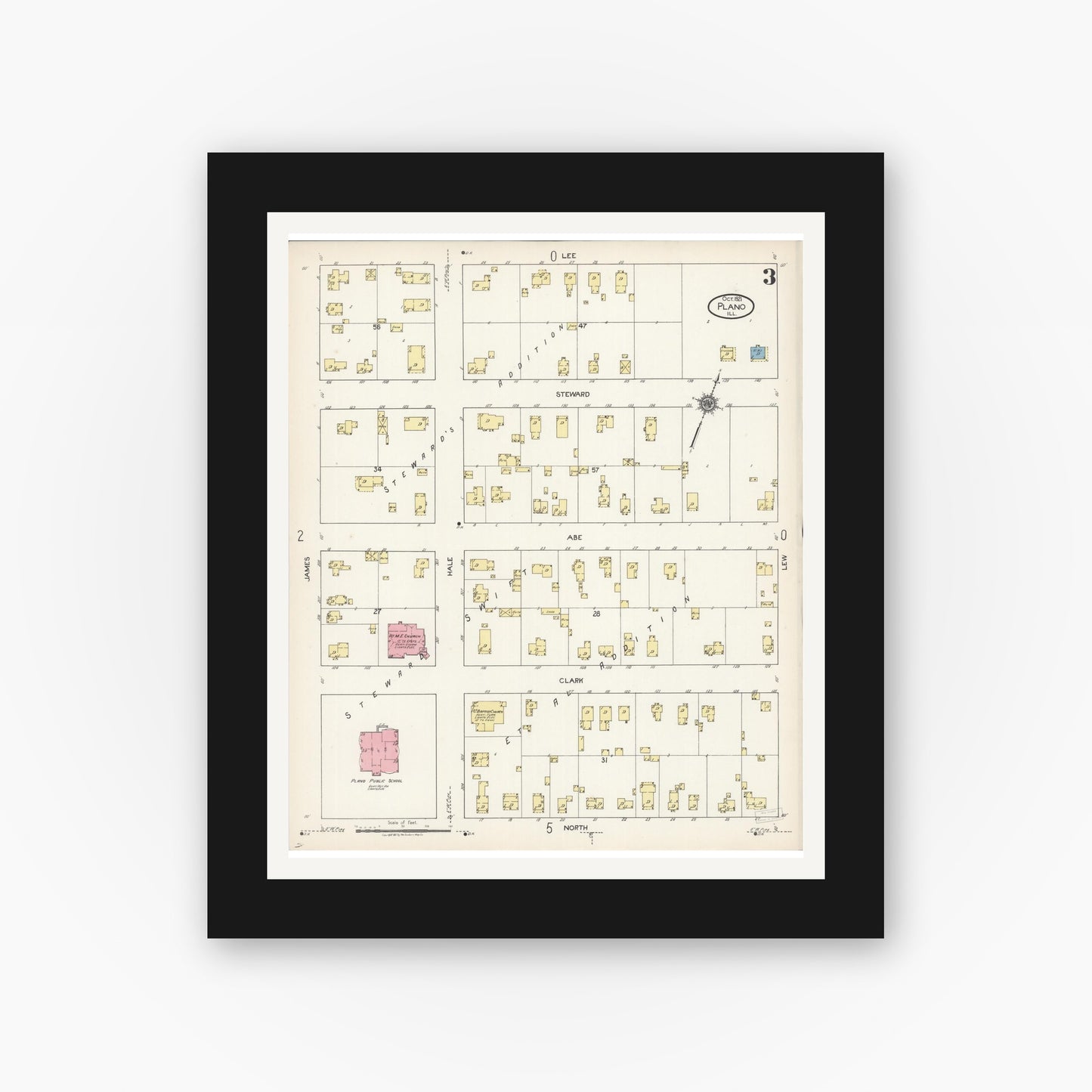 Old map wall art mockup — black gallery frame with white mat — Sanborn Fire Insurance Map from Plano, Kendall County, Illinois (1921), Sheet #0003