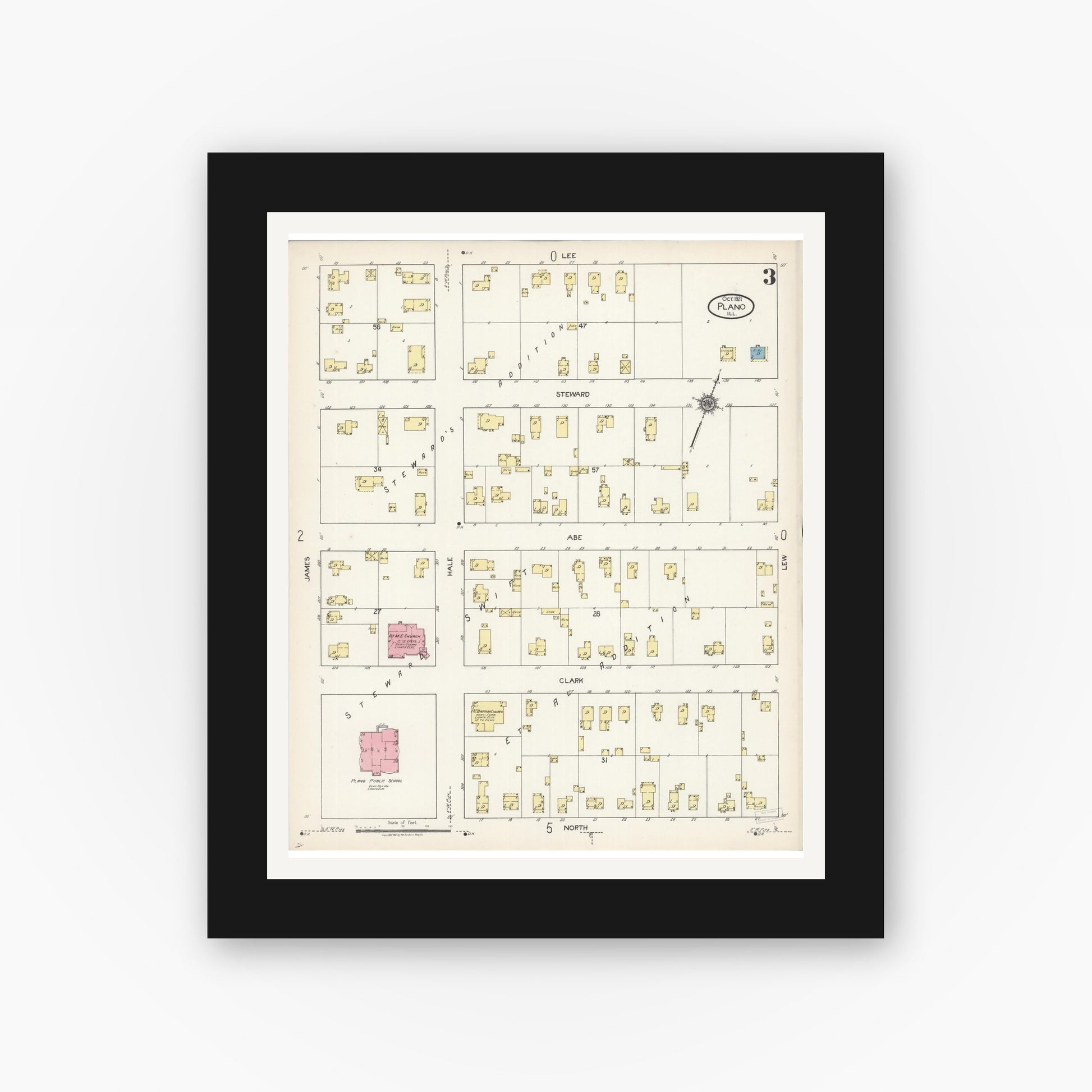 Old map wall art mockup — black gallery frame with white mat — Sanborn Fire Insurance Map from Plano, Kendall County, Illinois (1921), Sheet #0003