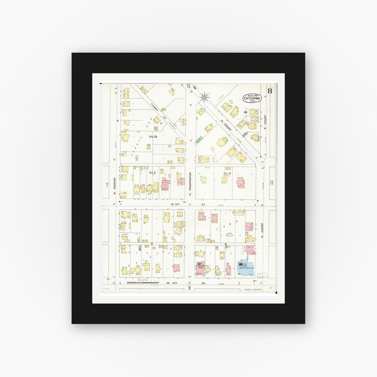 Old map wall art mockup — black gallery frame with white mat — Sanborn Fire Insurance Map from Ottumwa, Wapello County, Iowa (1897), Sheet #0008