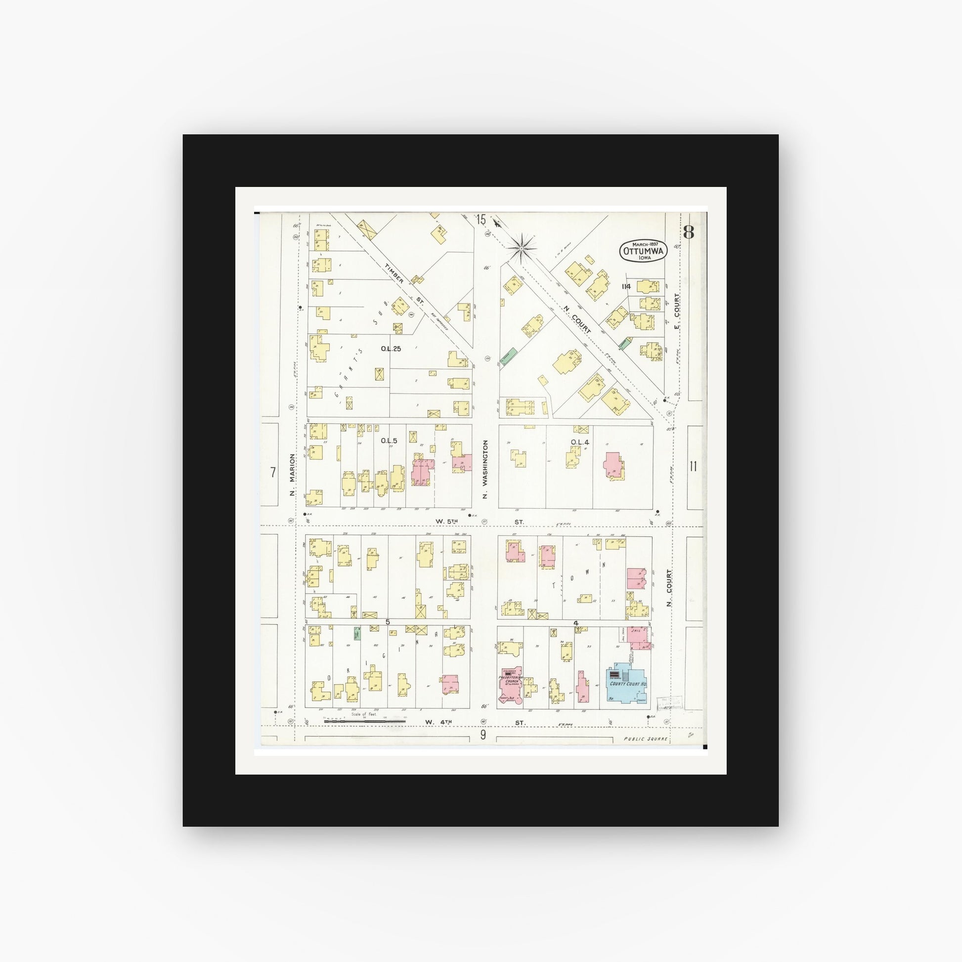 Old map wall art mockup — black gallery frame with white mat — Sanborn Fire Insurance Map from Ottumwa, Wapello County, Iowa (1897), Sheet #0008