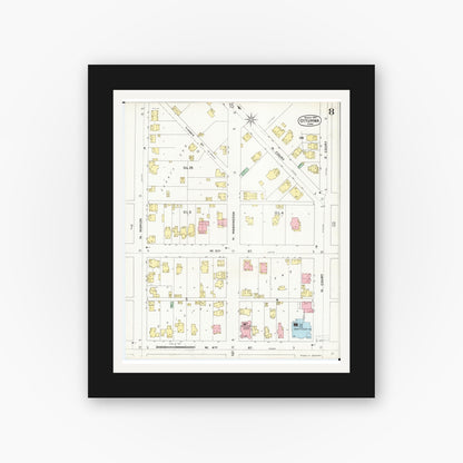 Old map wall art mockup — black gallery frame with white mat — Sanborn Fire Insurance Map from Ottumwa, Wapello County, Iowa (1897), Sheet #0008