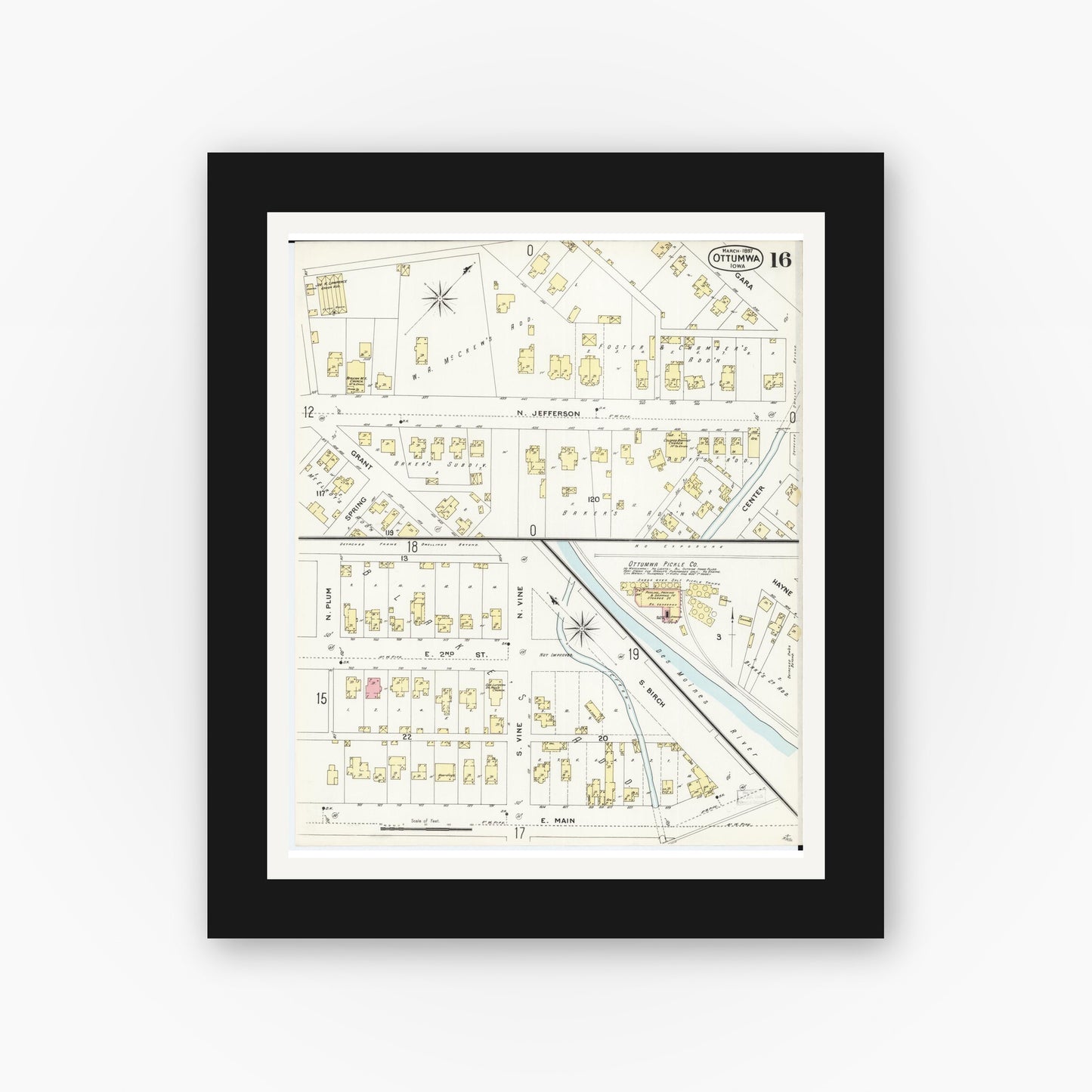 Old map wall art mockup — black gallery frame with white mat — Sanborn Fire Insurance Map from Ottumwa, Wapello County, Iowa (1897), Sheet #0016