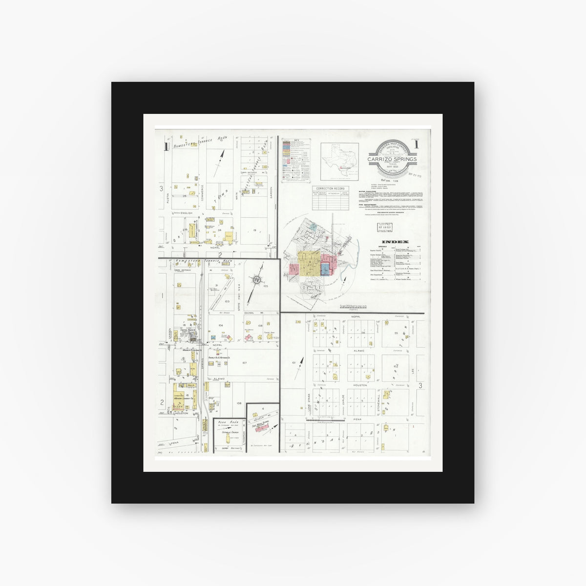 Old map wall art mockup — black gallery frame with white mat — Sanborn Fire Insurance Map from Carrizo Springs, Dimmit County, Texas (1933) - Complete Map Set