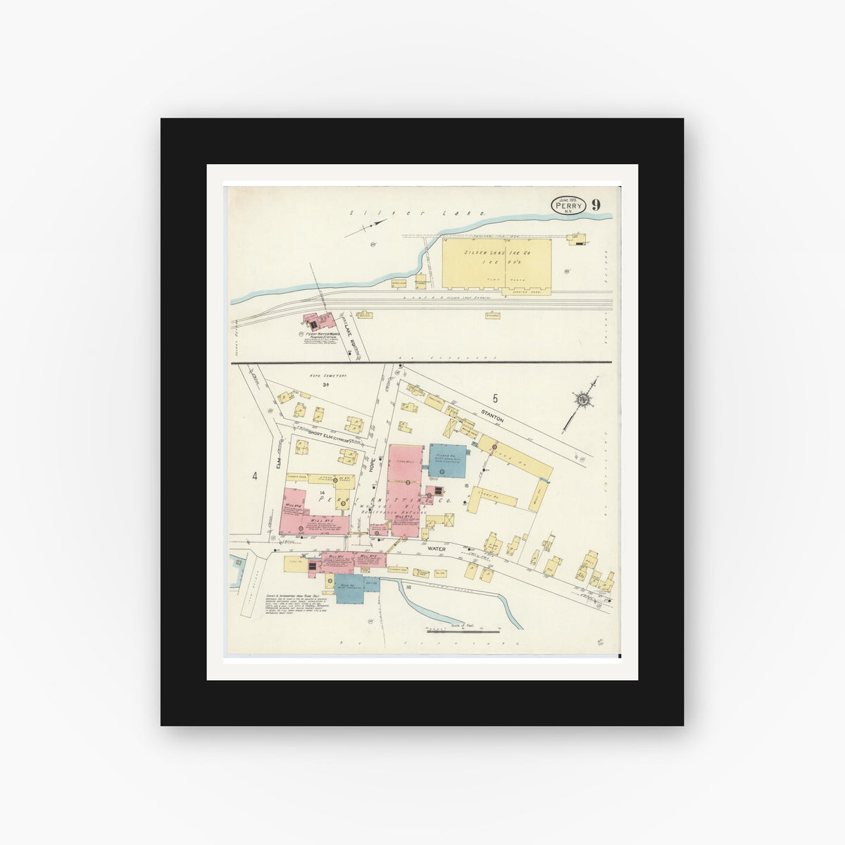 Old map wall art mockup — black gallery frame with white mat — Sanborn Fire Insurance Map from Perry, Wyoming County, New York (1913), Sheet #0009