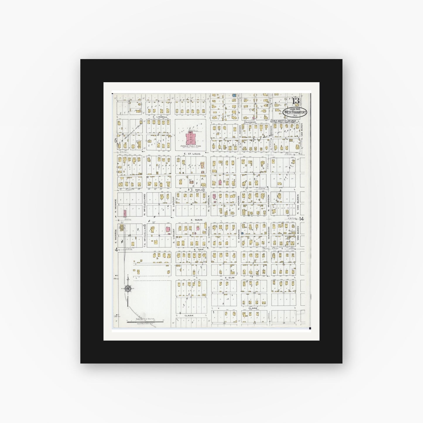 Old map wall art mockup — black gallery frame with white mat — Sanborn Fire Insurance Map from West Frankfort, Franklin County, Illinois (1919), Sheet #0013
