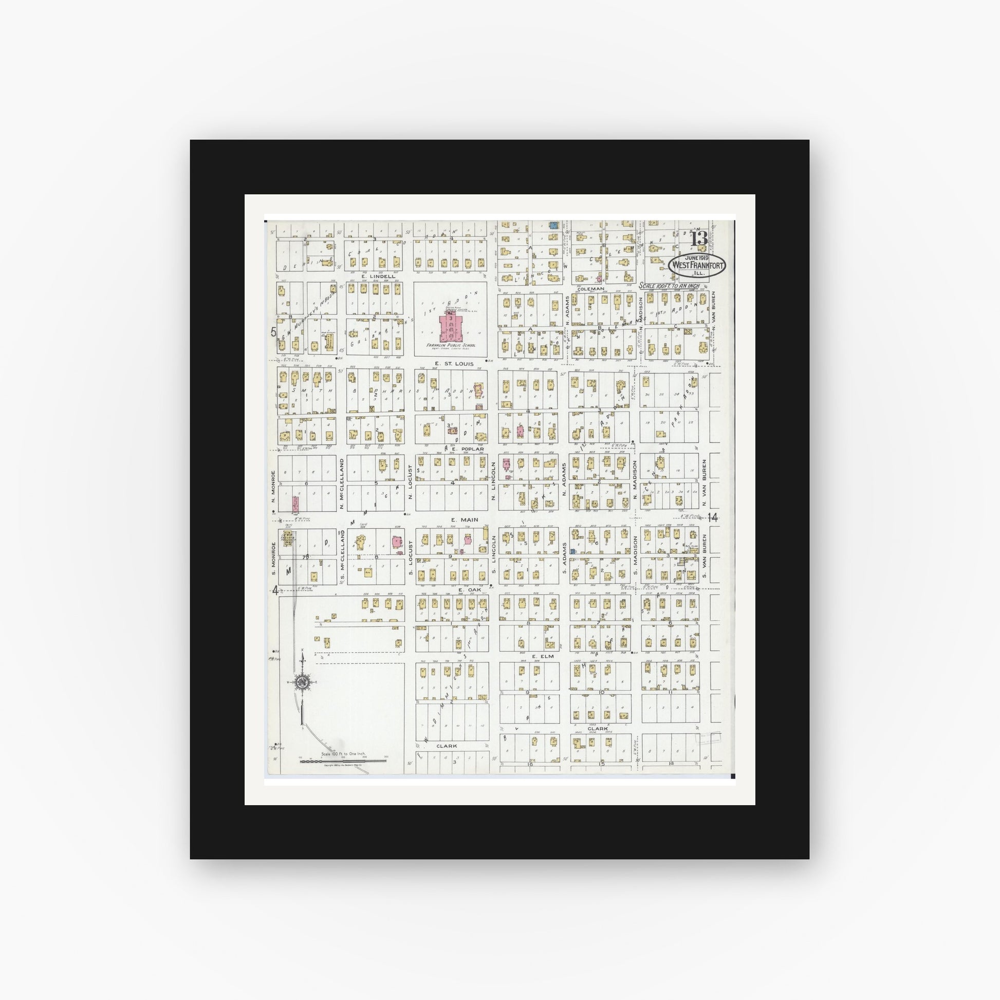 Old map wall art mockup — black gallery frame with white mat — Sanborn Fire Insurance Map from West Frankfort, Franklin County, Illinois (1919), Sheet #0013