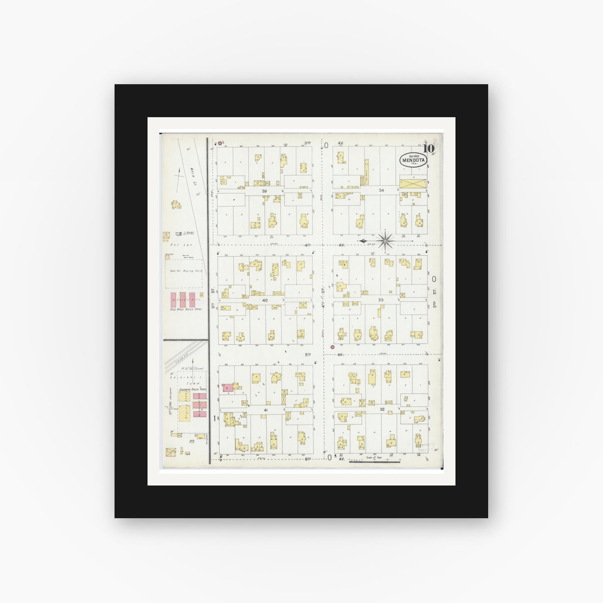 Old map wall art mockup — black gallery frame with white mat — Sanborn Fire Insurance Map from Mendota, La Salle County, Illinois (1902), Sheet #0010