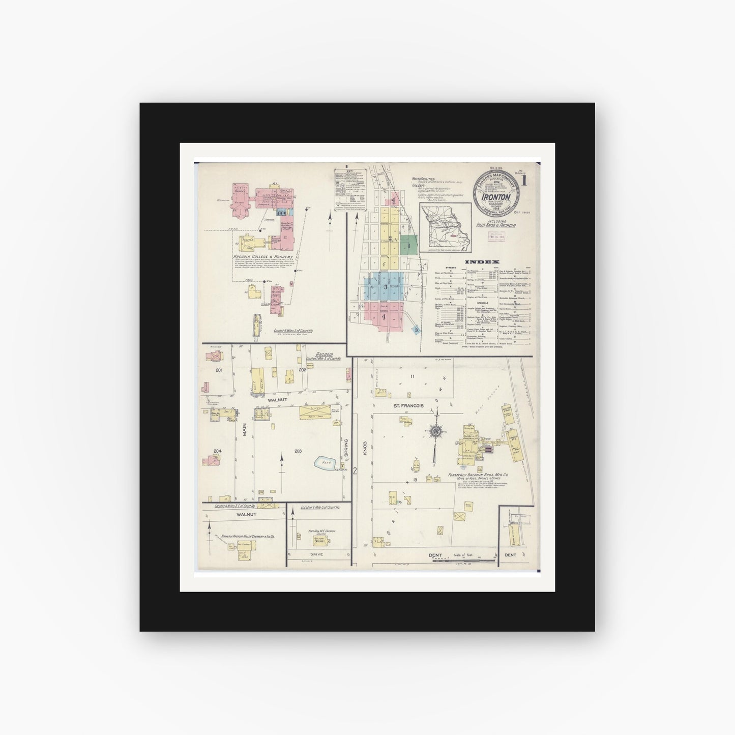 Old map wall art mockup — black gallery frame with white mat — Sanborn Fire Insurance Map from Ironton, Iron County, Missouri (1914) - Complete Map Set