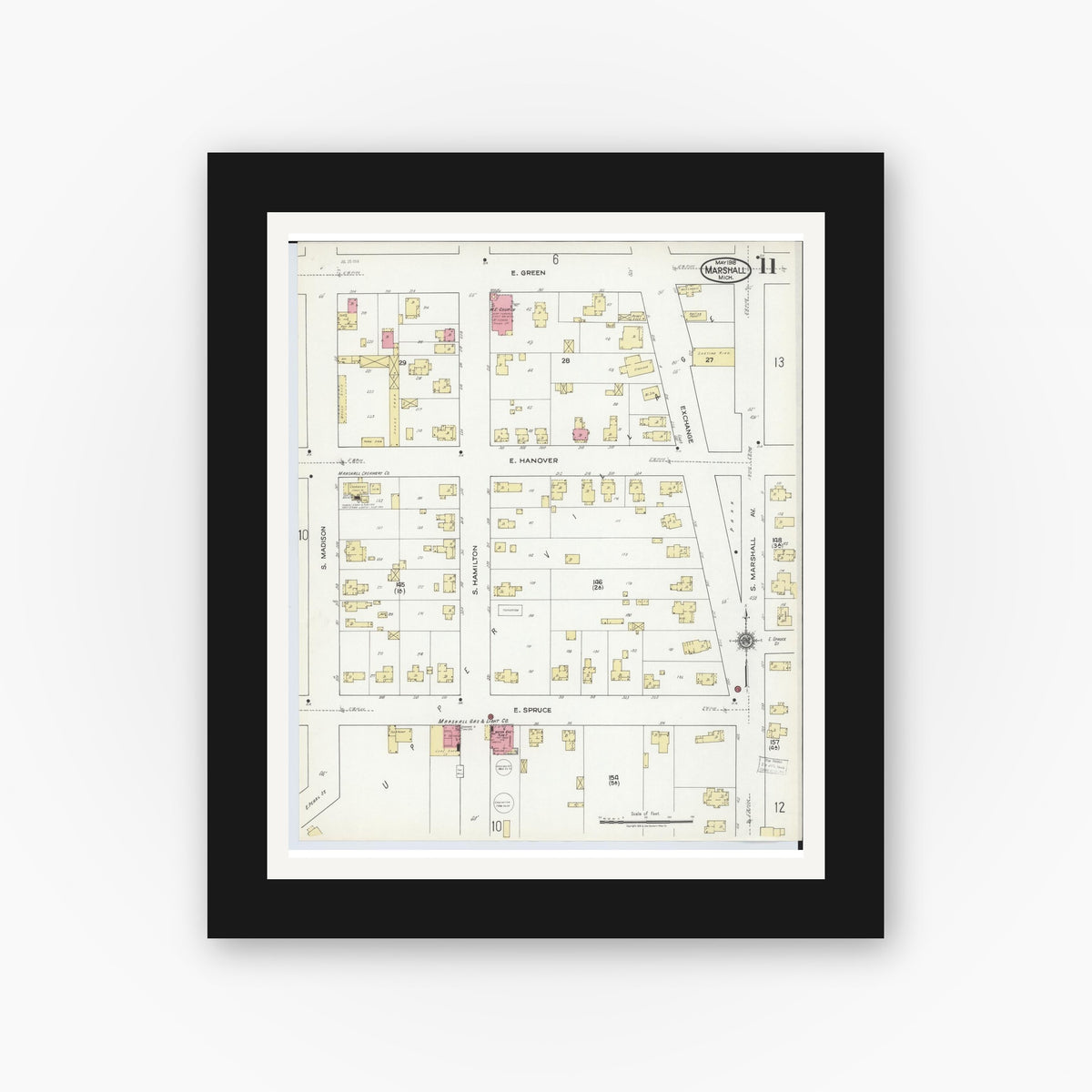 Old map wall art mockup — black gallery frame with white mat — Sanborn Fire Insurance Map from Marshall, Calhoun County, Michigan (1916), Sheet #0011