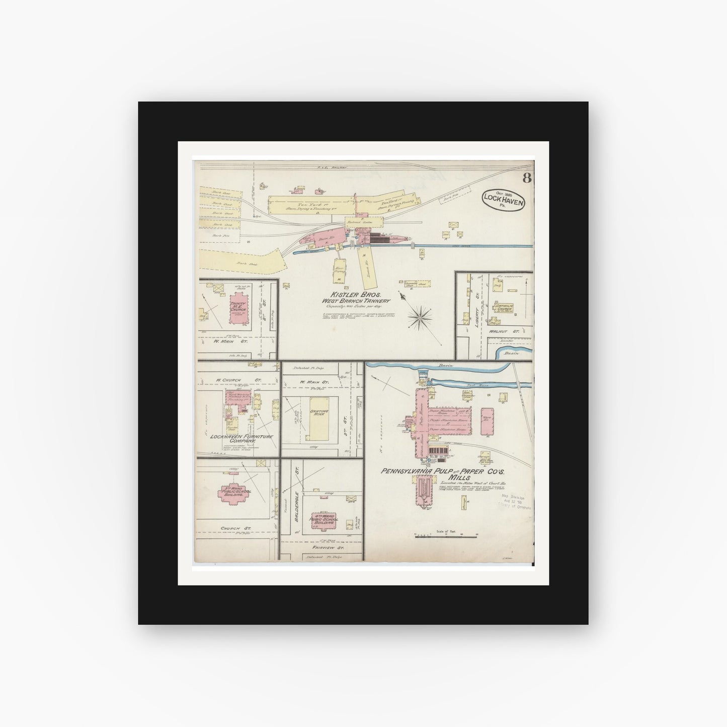 Old map wall art mockup — black gallery frame with white mat — Sanborn Fire Insurance Map from Lock Haven, Clinton County, Pennsylvania (1885), Sheet #0008