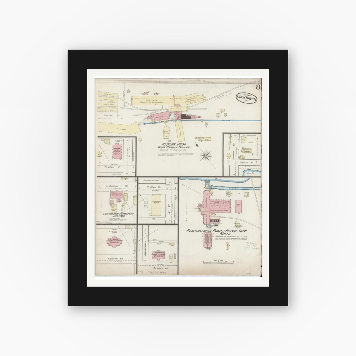 Old map wall art mockup — black gallery frame with white mat — Sanborn Fire Insurance Map from Lock Haven, Clinton County, Pennsylvania (1885), Sheet #0008
