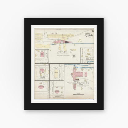 Old map wall art mockup — black gallery frame with white mat — Sanborn Fire Insurance Map from Lock Haven, Clinton County, Pennsylvania (1885), Sheet #0008