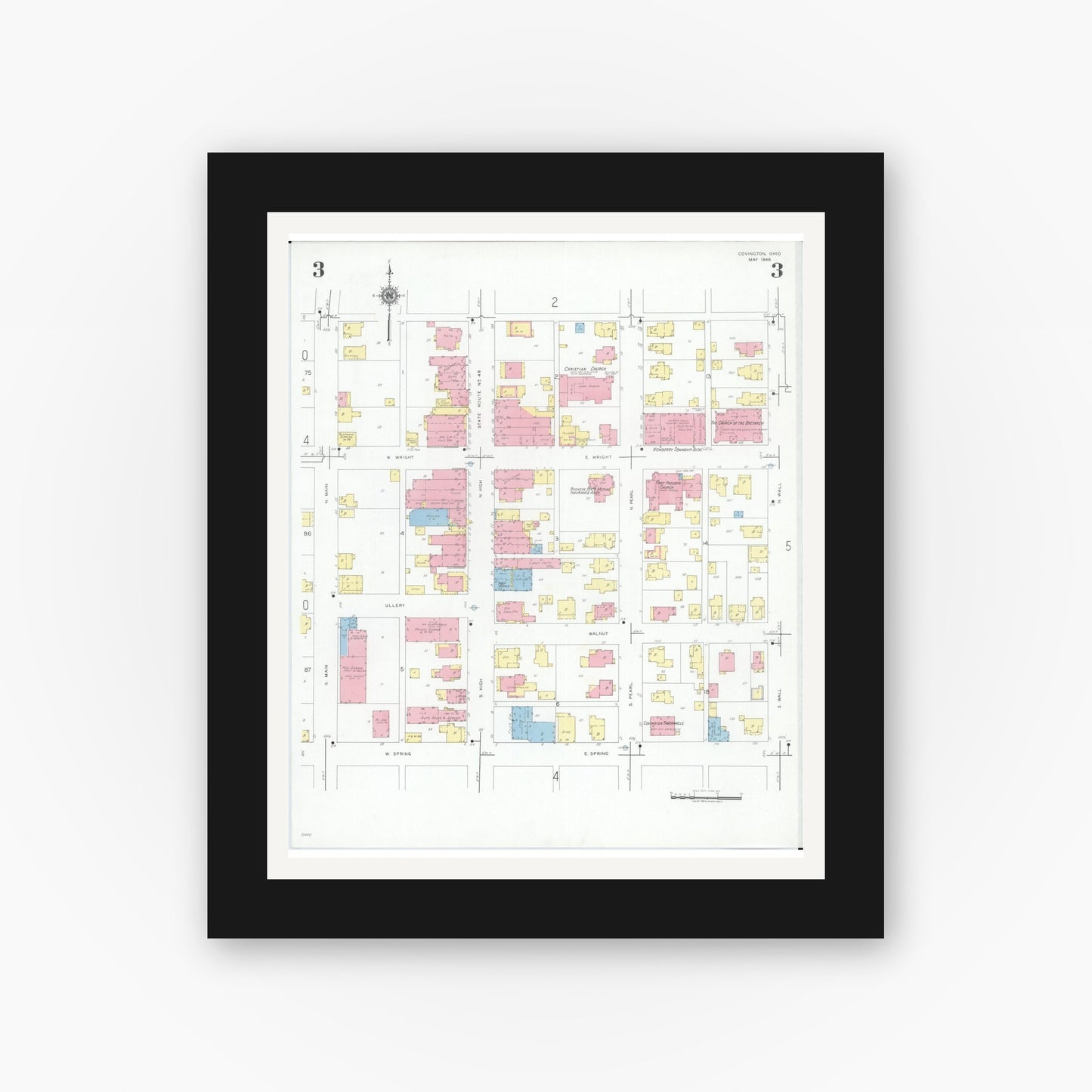 Old map wall art mockup — black gallery frame with white mat — Sanborn Fire Insurance Map from Covington, Miami County, Ohio (1946), Sheet #0003