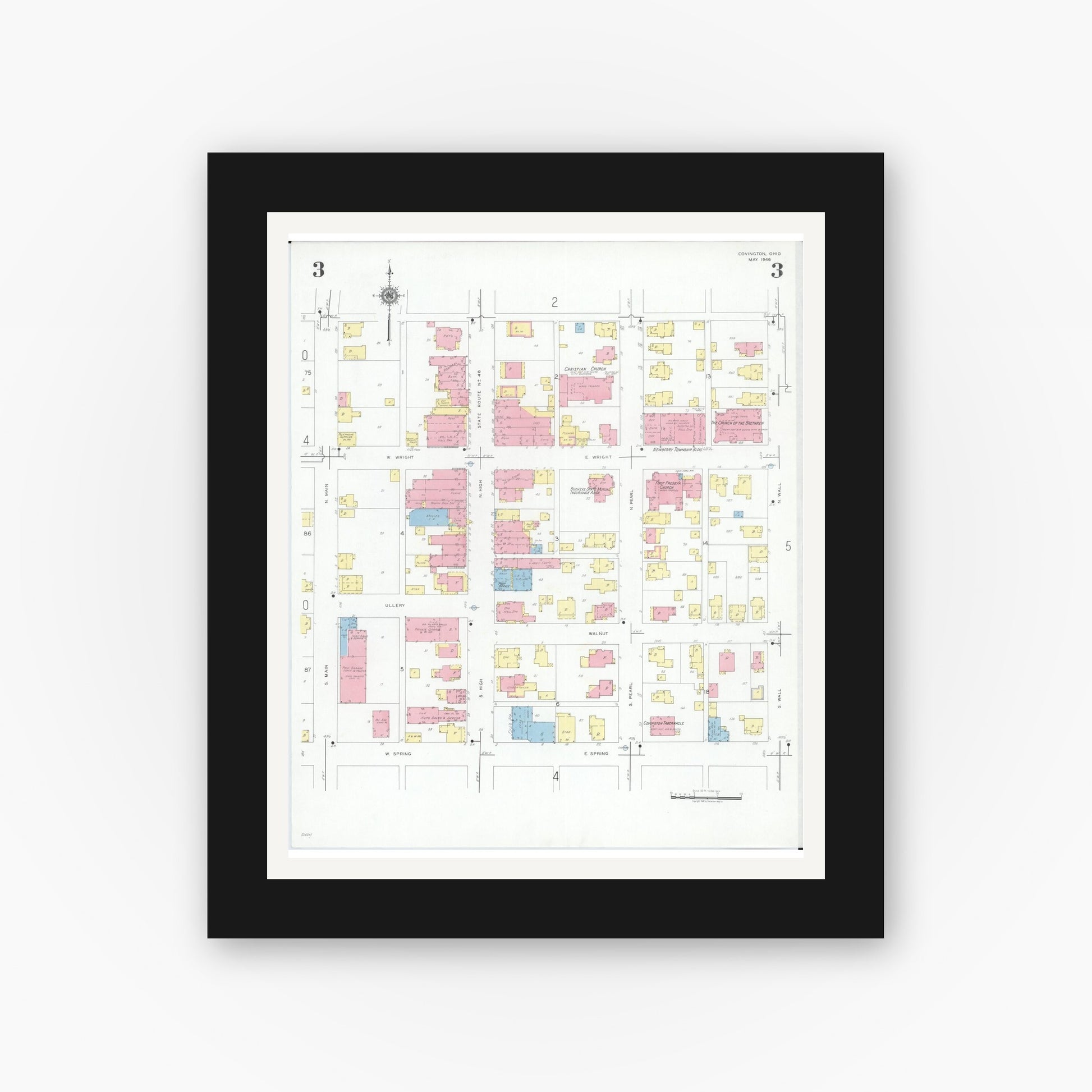 Old map wall art mockup — black gallery frame with white mat — Sanborn Fire Insurance Map from Covington, Miami County, Ohio (1946), Sheet #0003