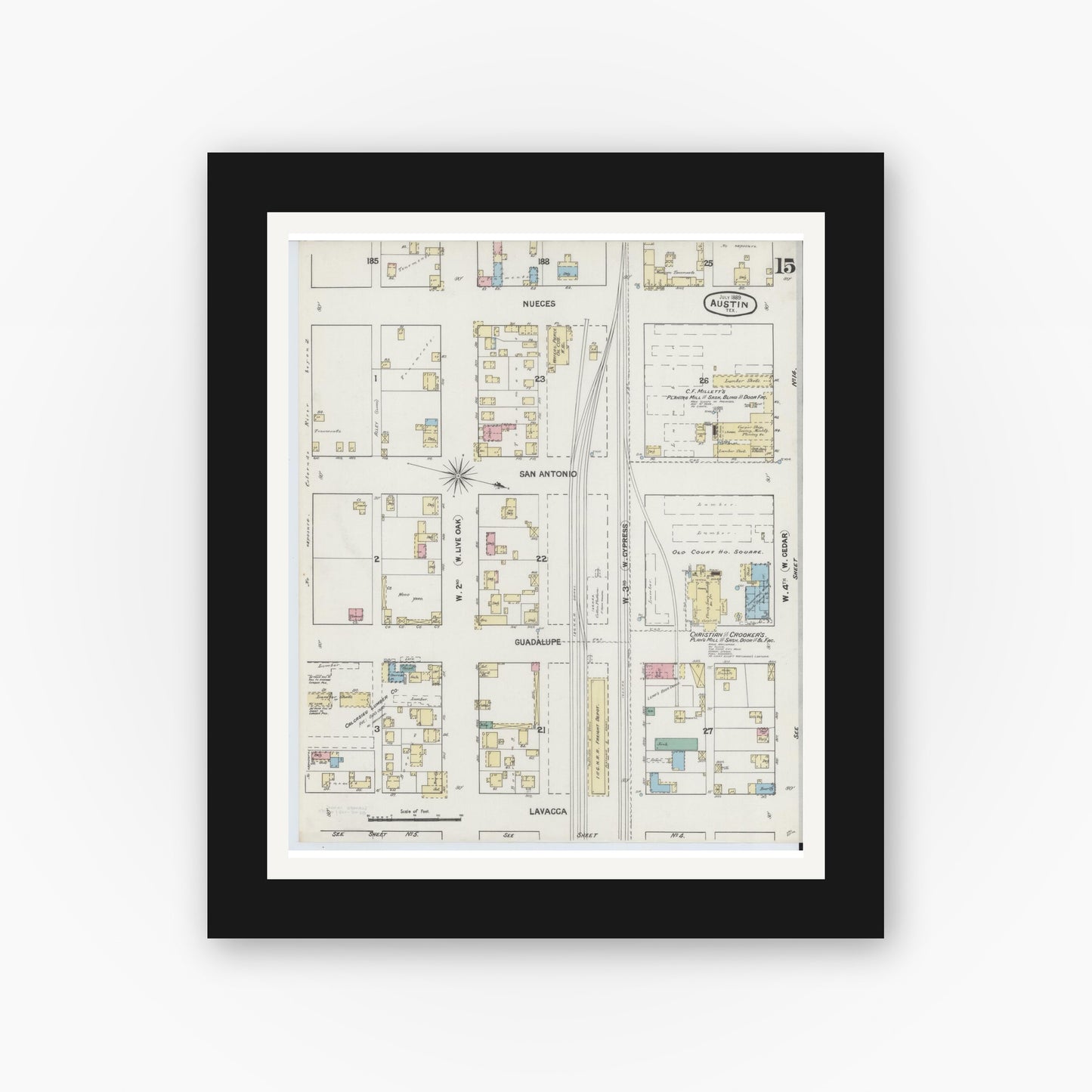 Old map wall art mockup — black gallery frame with white mat — Sanborn Fire Insurance Map from Austin, Travis County, Texas (1889), Sheet #0015