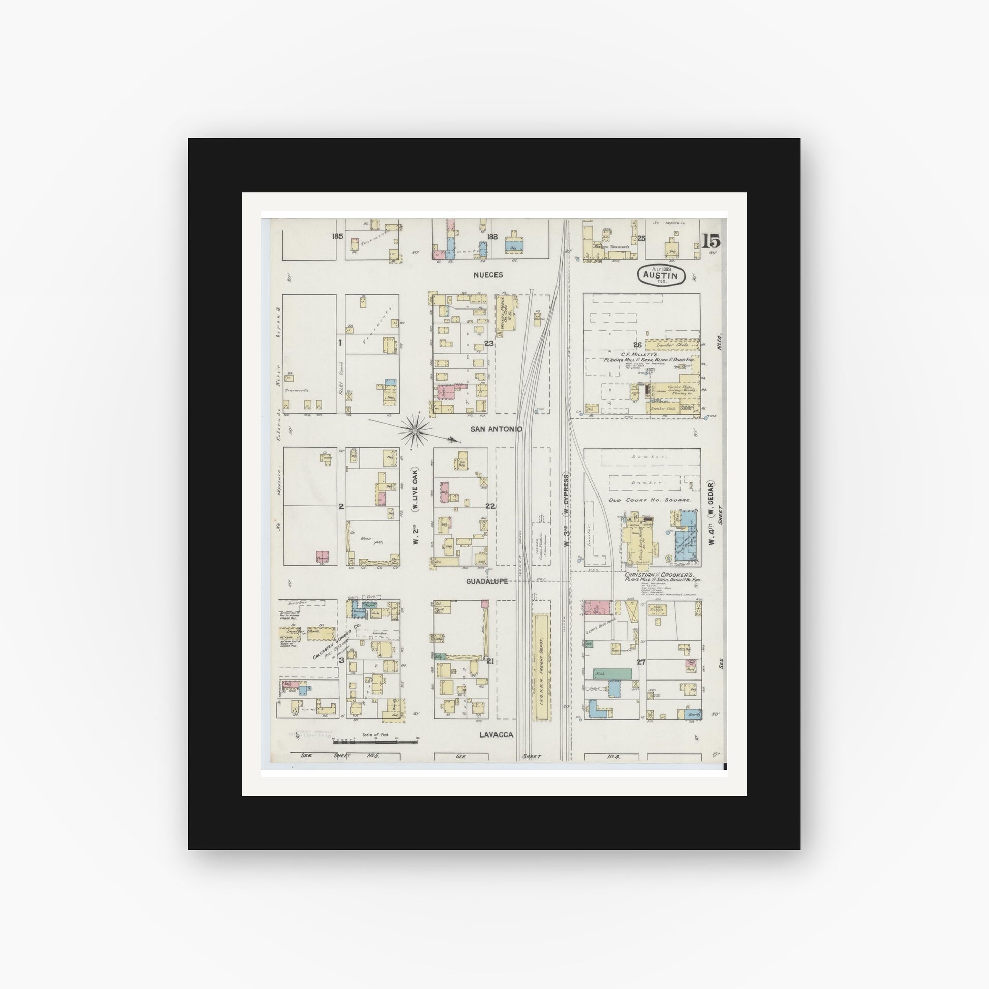 Old map wall art mockup — black gallery frame with white mat — Sanborn Fire Insurance Map from Austin, Travis County, Texas (1889), Sheet #0015