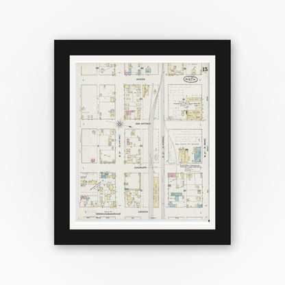 Old map wall art mockup — black gallery frame with white mat — Sanborn Fire Insurance Map from Austin, Travis County, Texas (1889), Sheet #0015