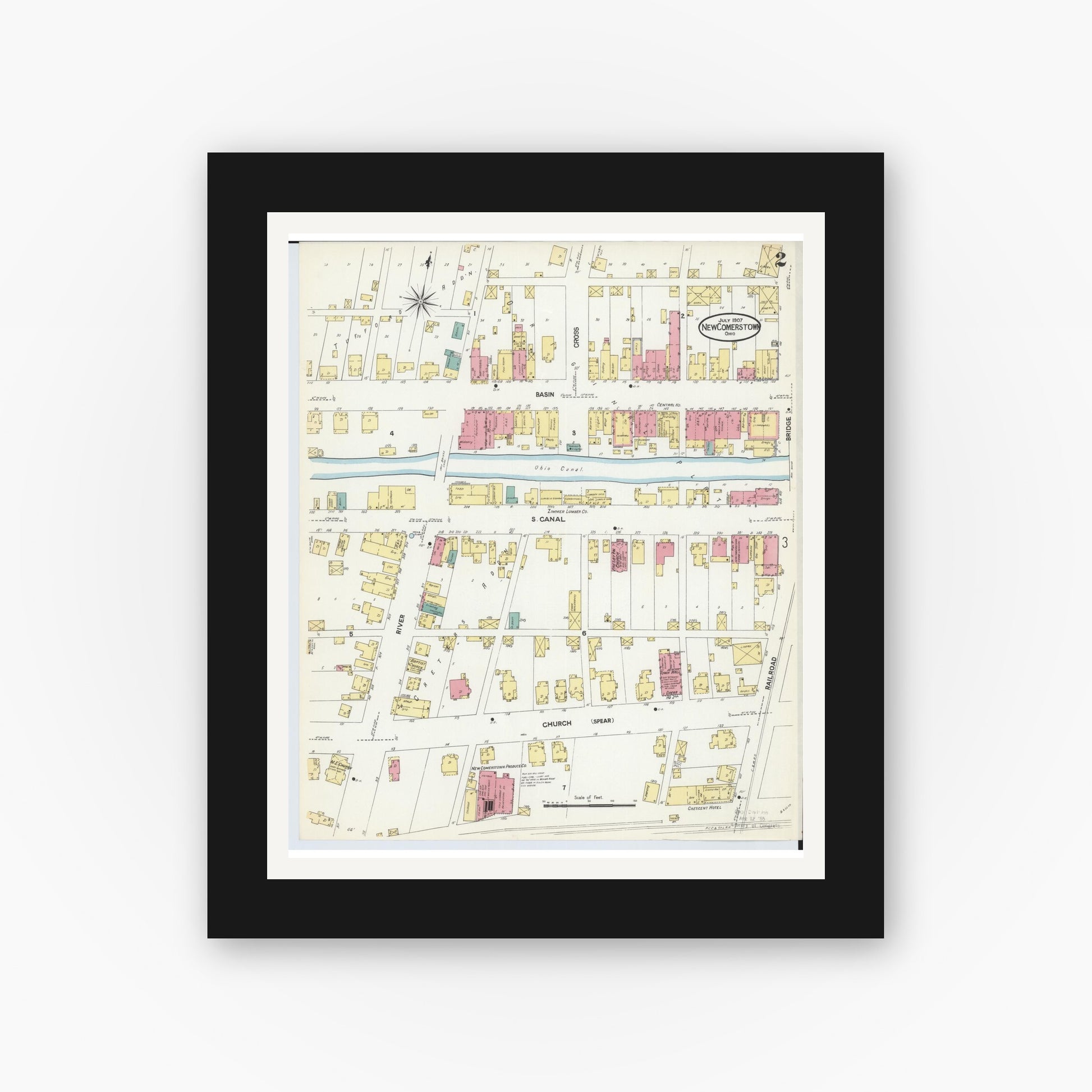 Old map wall art mockup — black gallery frame with white mat — Sanborn Fire Insurance Map from Newcomerstown, Tuscarawas County, Ohio (1907), Sheet #0002