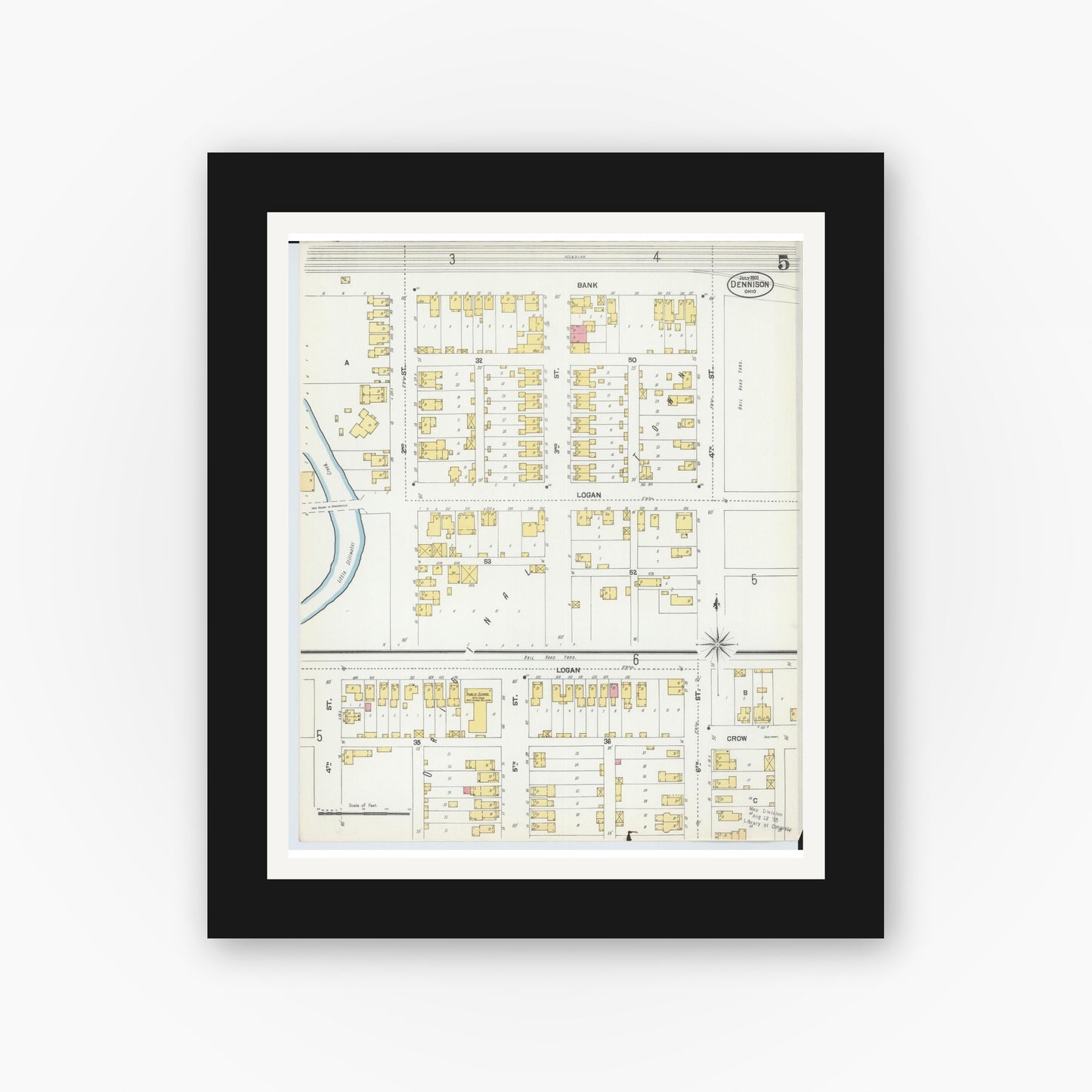 Old map wall art mockup — black gallery frame with white mat — Sanborn Fire Insurance Map from Dennison, Tuscarawas County, Ohio (1901), Sheet #0005