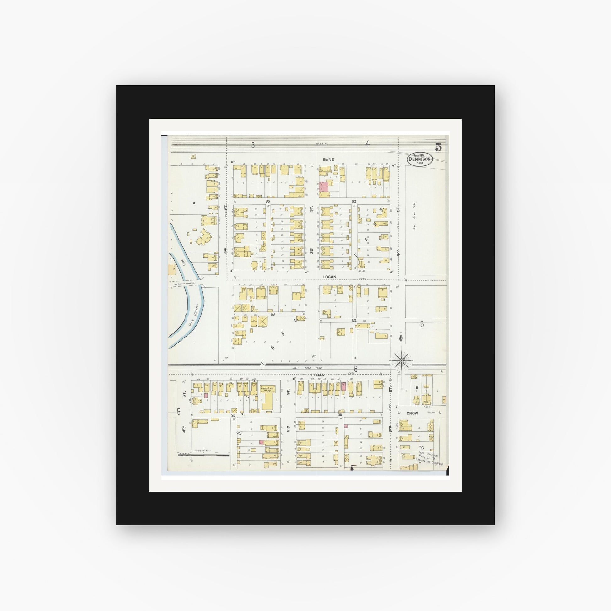 Old map wall art mockup — black gallery frame with white mat — Sanborn Fire Insurance Map from Dennison, Tuscarawas County, Ohio (1901), Sheet #0005
