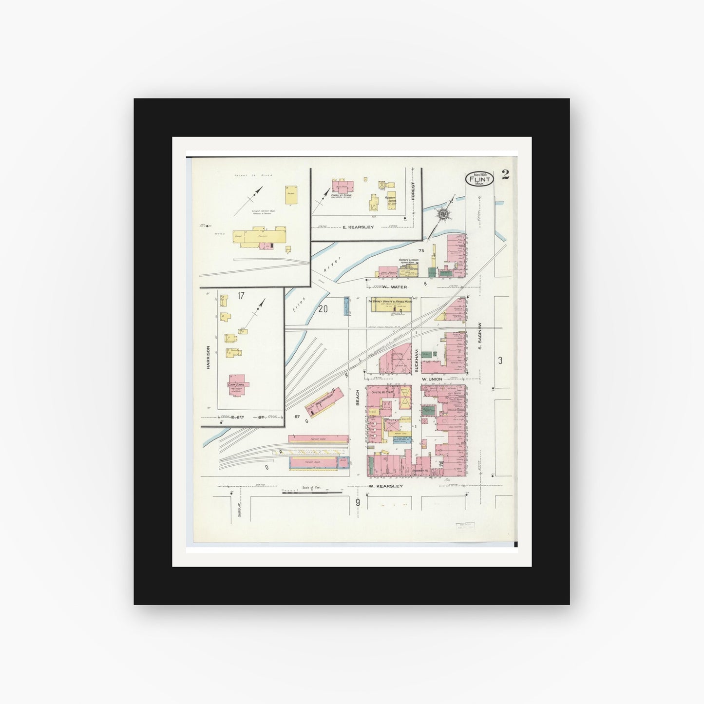 Old map wall art mockup — black gallery frame with white mat — Sanborn Fire Insurance Map from Flint, Genesee County, Michigan (1909), Sheet #0002