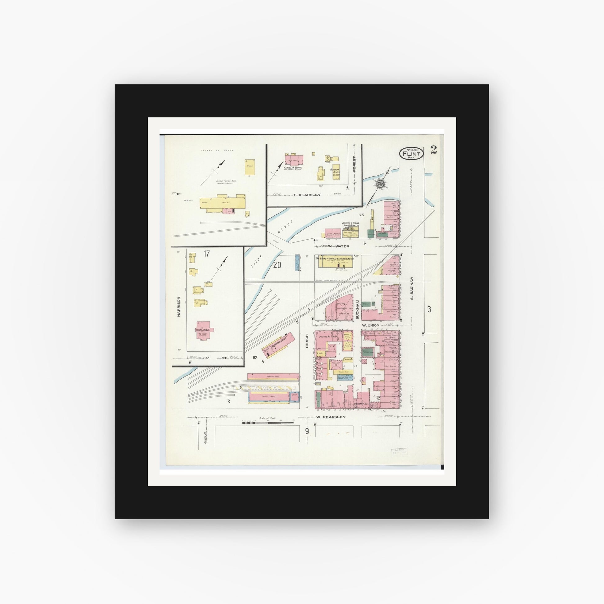 Old map wall art mockup — black gallery frame with white mat — Sanborn Fire Insurance Map from Flint, Genesee County, Michigan (1909), Sheet #0002