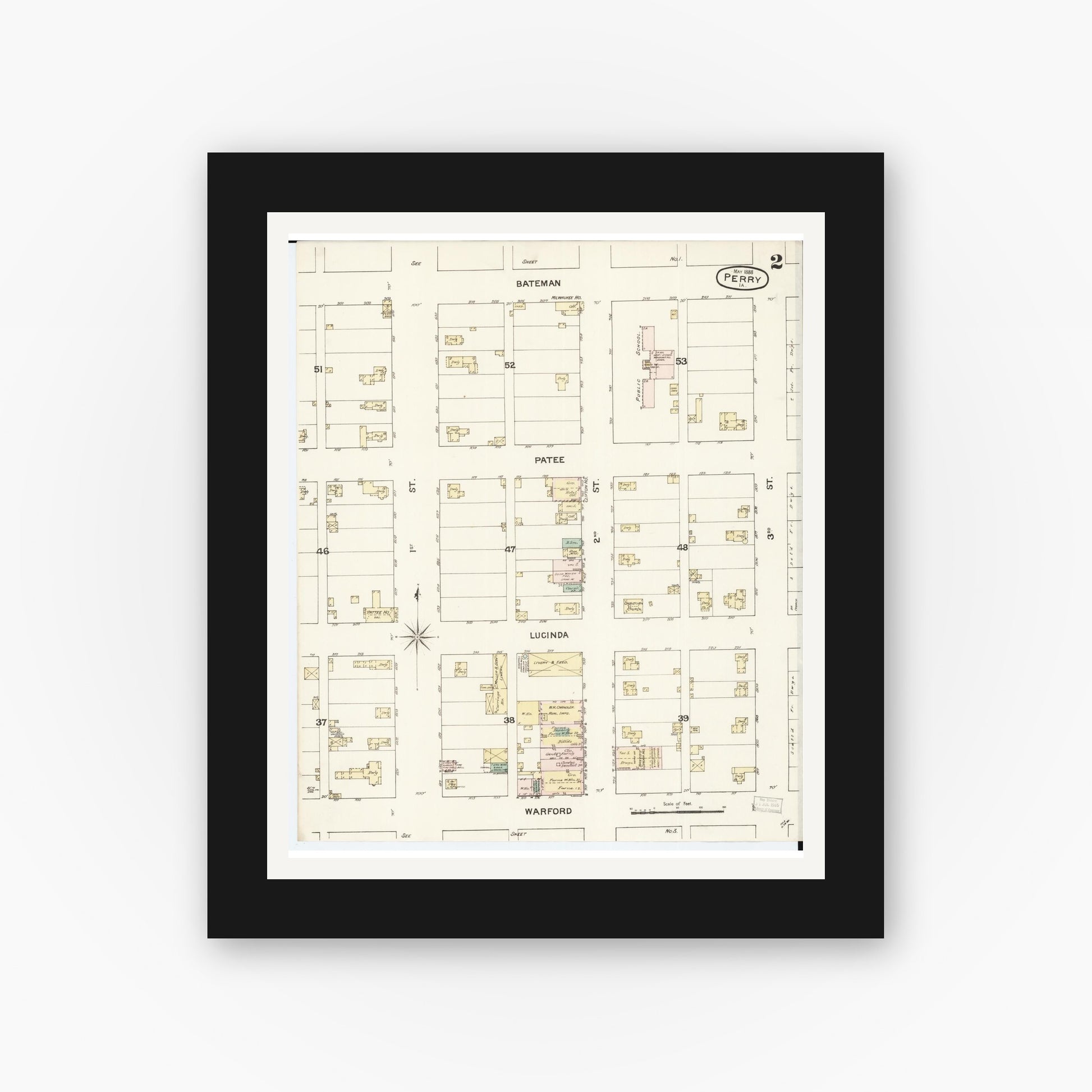 Old map wall art mockup — black gallery frame with white mat — Sanborn Fire Insurance Map from Perry, Dallas County, Iowa (1888), Sheet #0002