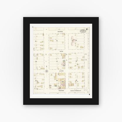 Old map wall art mockup — black gallery frame with white mat — Sanborn Fire Insurance Map from Perry, Dallas County, Iowa (1888), Sheet #0002
