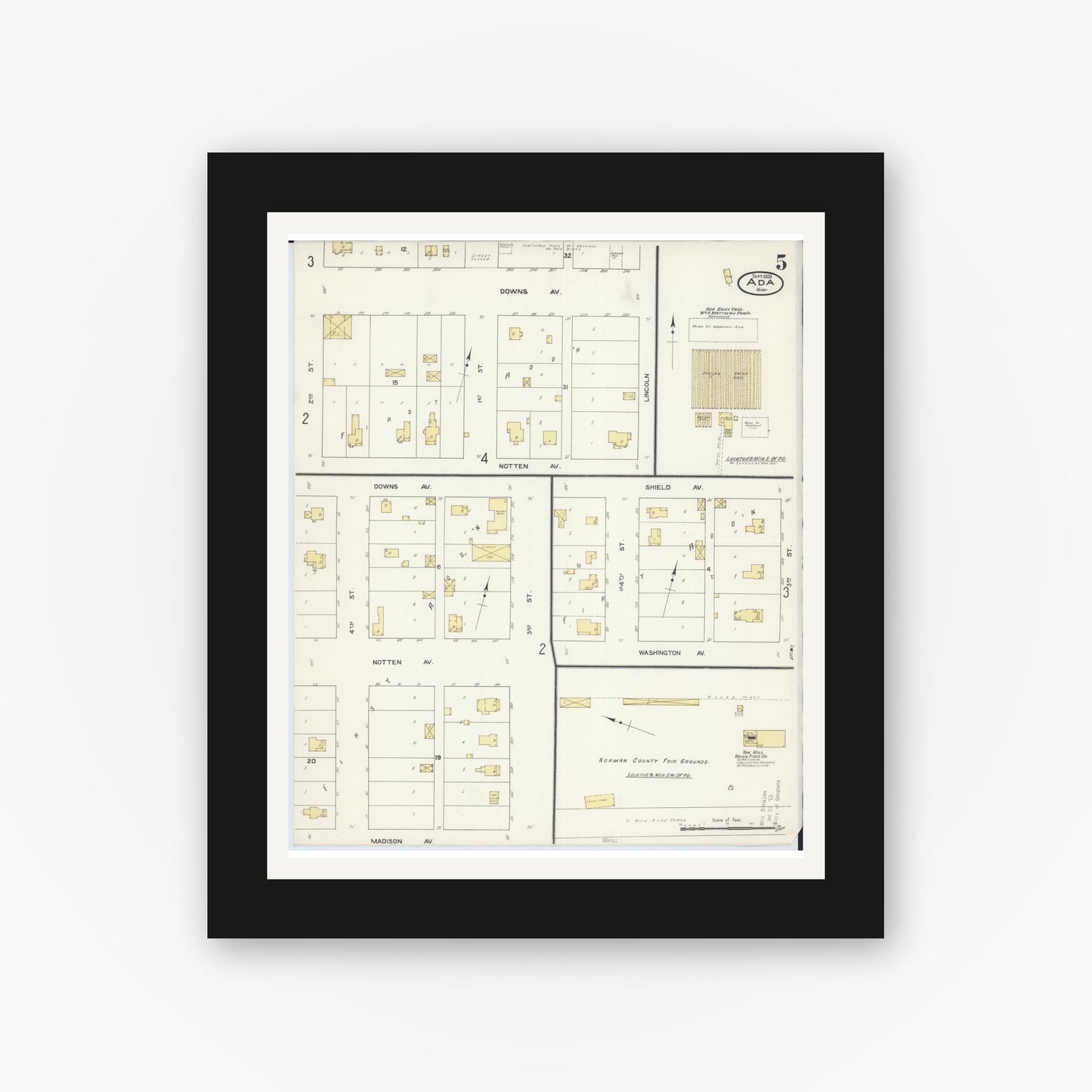 Old map wall art mockup — black gallery frame with white mat — Sanborn Fire Insurance Map from Ada, Norman County, Minnesota (1909), Sheet #0005