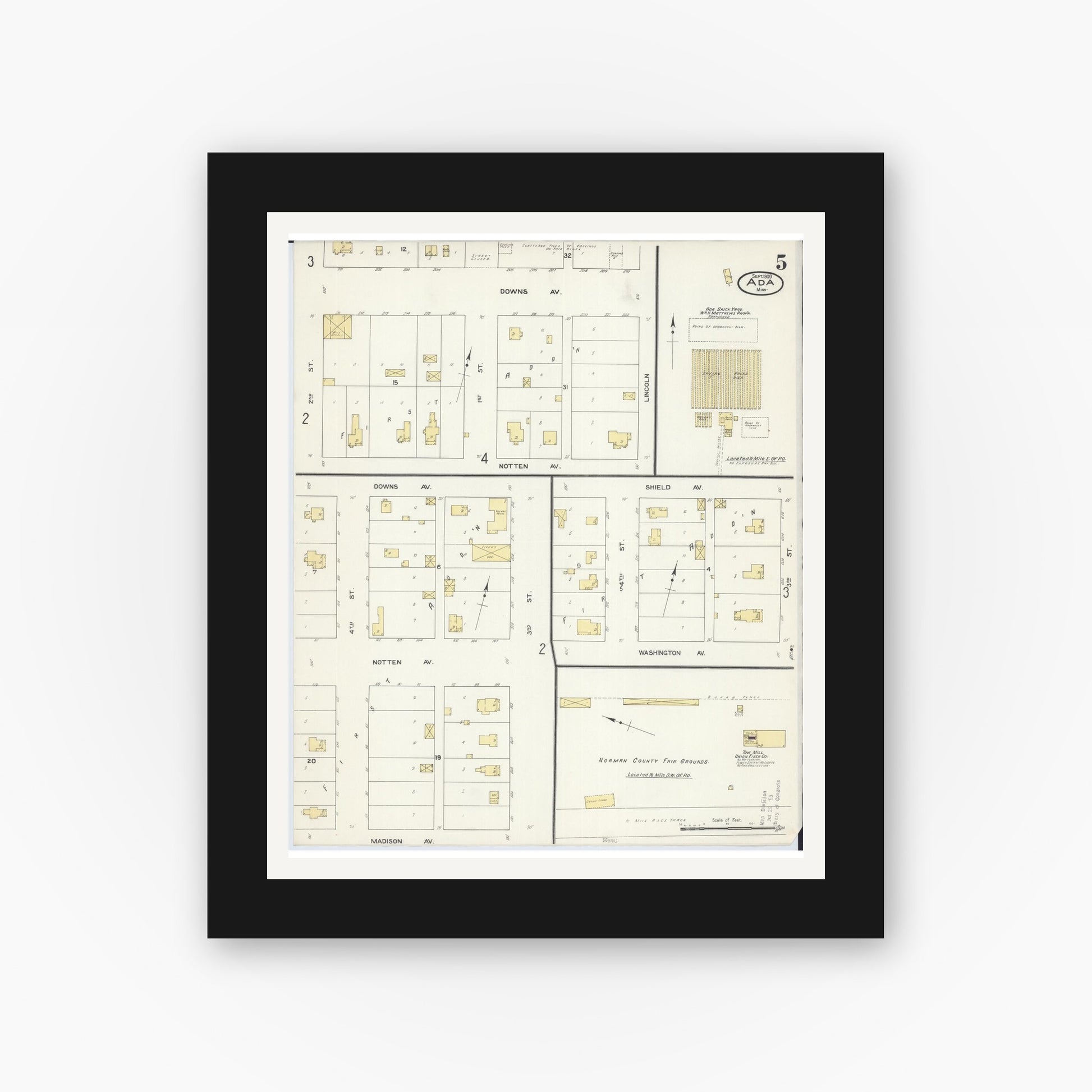 Old map wall art mockup — black gallery frame with white mat — Sanborn Fire Insurance Map from Ada, Norman County, Minnesota (1909), Sheet #0005