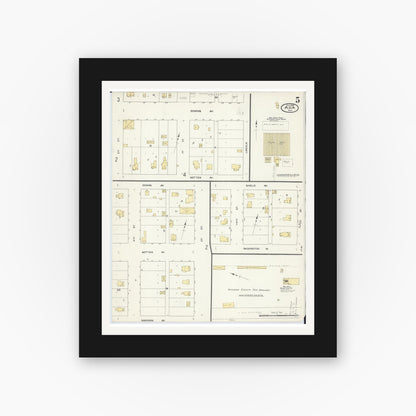Old map wall art mockup — black gallery frame with white mat — Sanborn Fire Insurance Map from Ada, Norman County, Minnesota (1909), Sheet #0005