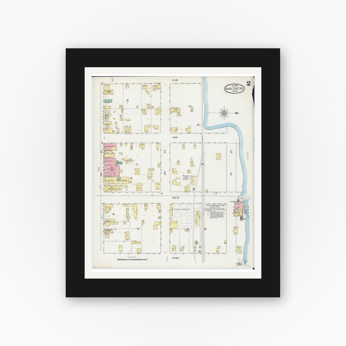 Old map wall art mockup — black gallery frame with white mat — Sanborn Fire Insurance Map from Sauk Centre, Stearns County, Minnesota (1895), Sheet #0002