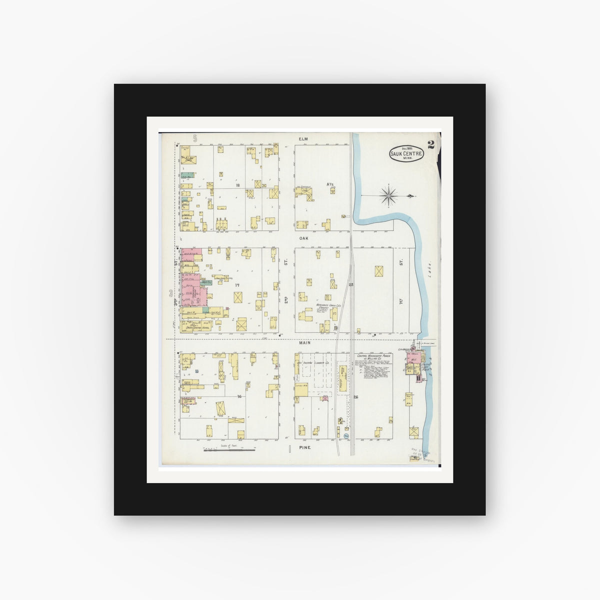 Old map wall art mockup — black gallery frame with white mat — Sanborn Fire Insurance Map from Sauk Centre, Stearns County, Minnesota (1895), Sheet #0002